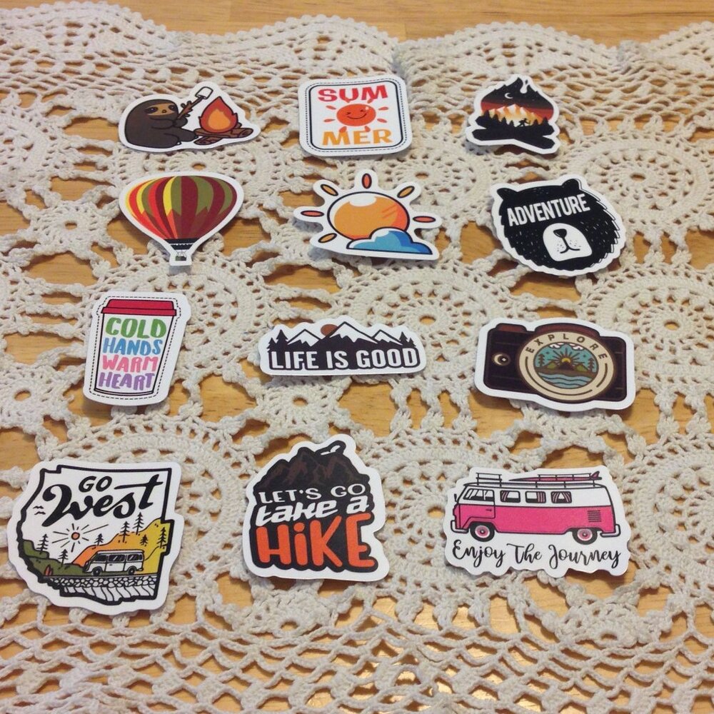 Camping, summer, adventure stickers, new